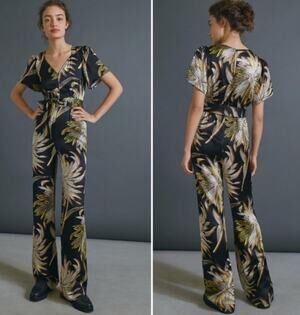 By Anthropologie Black Abstract Floral Wide Leg Boho Jumpsuit Size 14